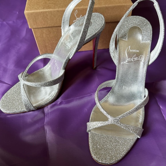 Christian Louboutin Emilie 100 Slingback Sandals Heels Shoes Silver Glitter 36.5 - Picture 7 of 16